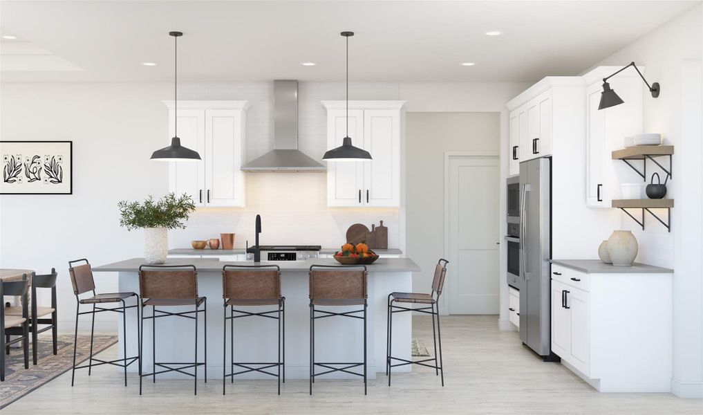Stylish kitchen with white cabinets and quartz countertops (*Artist rendering used for illustration purposes only.)