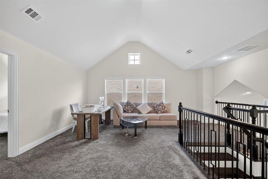 Living area featuring dark colored carpet and high vaulted ceiling Living area featuring dark colored carpet and high vaulted ceiling