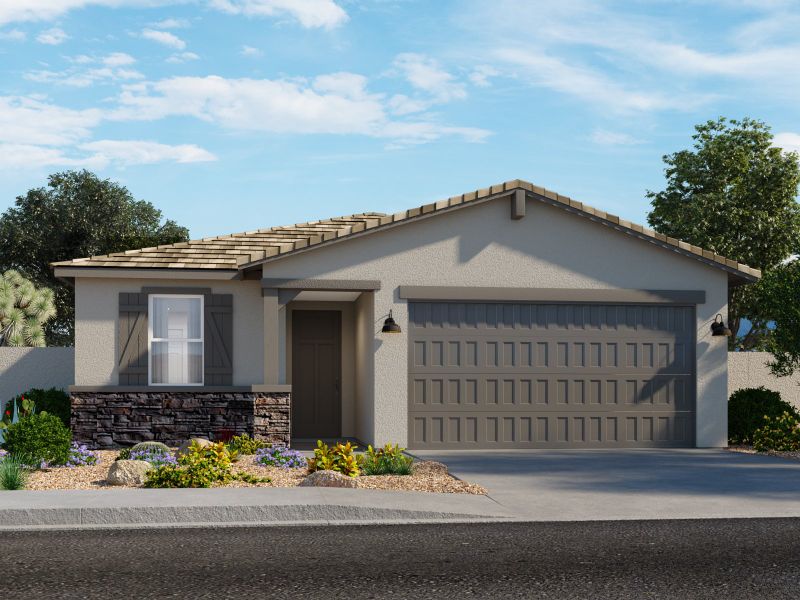 Representative exterior photo of a completed home built from the Mason by Meritage Homes in Mountain View Estates Reserve Series, Buckeye, AZ (Image 2). Representative exterior photo of a completed home built from the Mason by Meritage Homes in Mountain View Estates Reserve Series, Buckeye, AZ (Image 2).