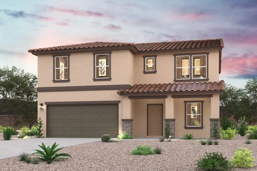 Front exterior of a new home in Entrada del Toro at Rancho Sahuarita, Sahuarita, AZ, highlighting curb appeal (Image 1). Front exterior of a new home in Entrada del Toro at Rancho Sahuarita, Sahuarita, AZ, highlighting curb appeal (Image 1).