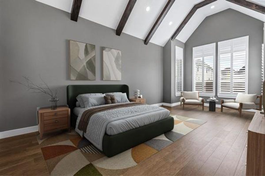Bedroom with wood finished floors, high vaulted ceiling, beamed ceiling, and recessed lighting Bedroom with wood finished floors, high vaulted ceiling, beamed ceiling, and recessed lighting