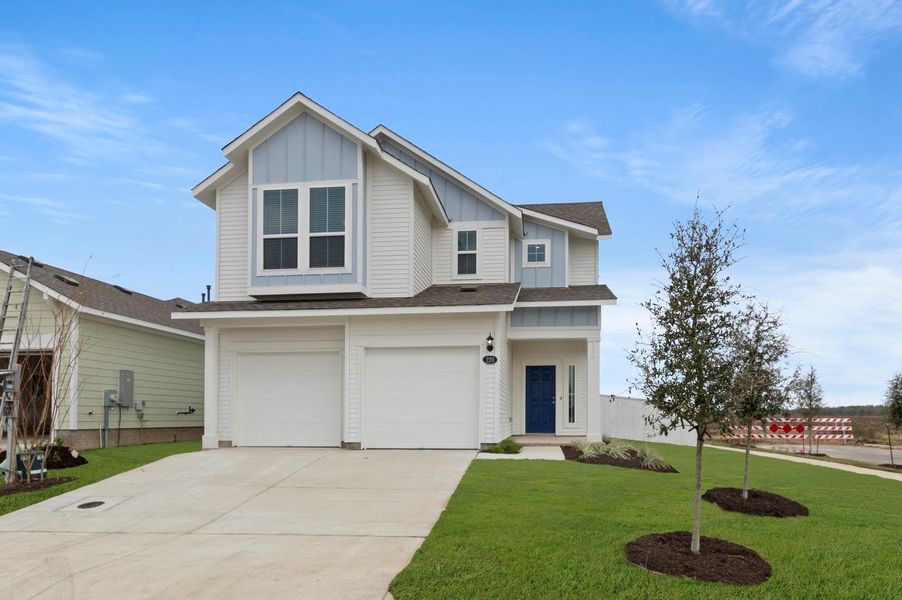 Front exterior of a new home in Harvest Ridge, Elgin, TX, highlighting curb appeal (Image 19).