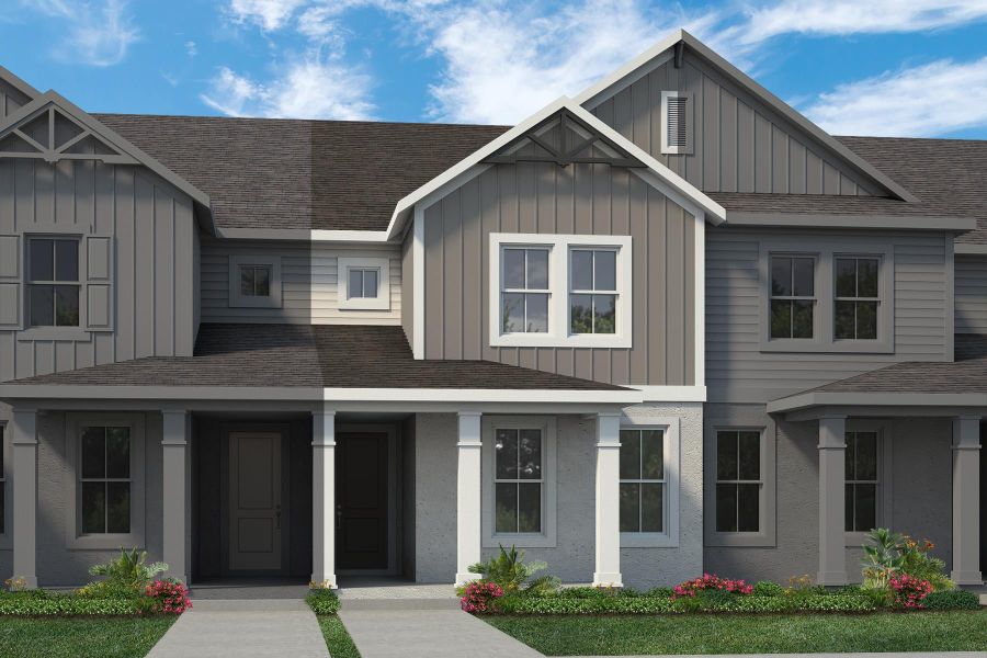 Representative exterior photo of a completed home built from the Newton by Rockwell Homes in Harvest at Ovation - Townhomes, Winter Garden, FL (Image 39). Representative exterior photo of a completed home built from the Newton by Rockwell Homes in Harvest at Ovation - Townhomes, Winter Garden, FL (Image 39).