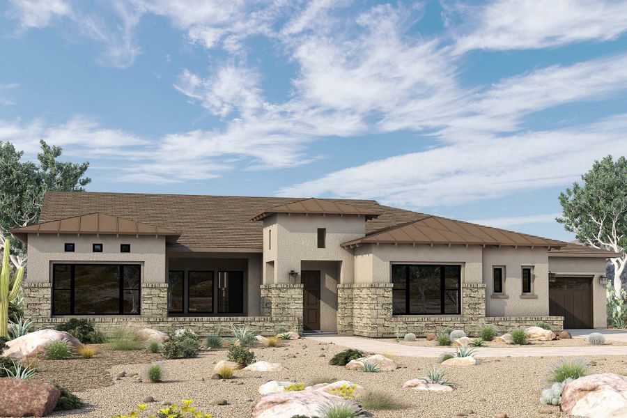 Representative exterior photo of a completed home built from the The Fraesfield by David Weekley Homes in Storyrock, Scottsdale, AZ (Image 8).