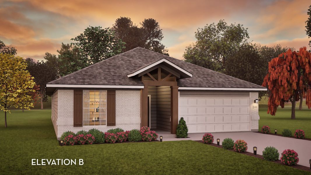 Front exterior of a new home in Sunfield, Buda, TX, highlighting curb appeal (Image 1). Front exterior of a new home in Sunfield, Buda, TX, highlighting curb appeal (Image 1).