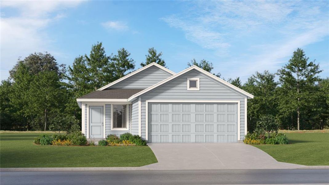 Ranch-style house with a garage and a front yard