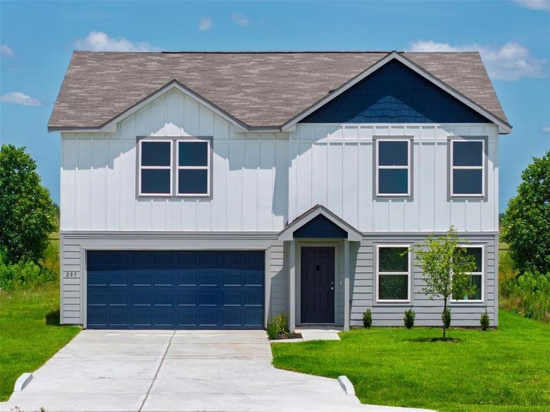 View of front of home featuring board and batten siding, concrete driveway, an attached garage, roof with shingles, and a front lawn View of front of home featuring board and batten siding, concrete driveway, an attached garage, roof with shingles, and a front lawn