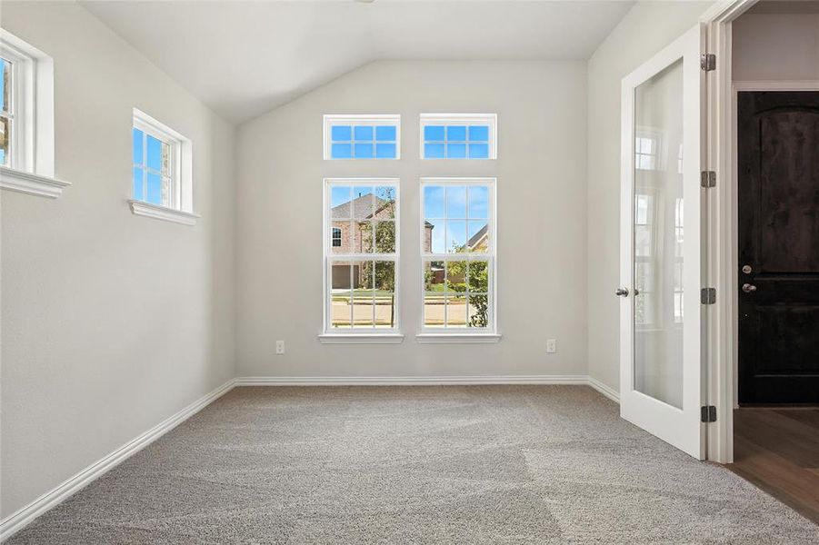 Spare room featuring carpet floors and lofted ceiling Spare room featuring carpet floors and lofted ceiling