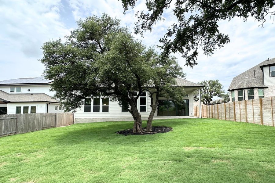A verdant lawn graces the rear of this home, framed by mature trees and a sturdy wooden fence.