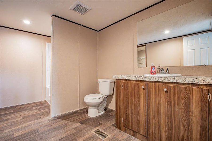 Bathroom with hardwood / wood-style floors, vanity, and toilet Bathroom with hardwood / wood-style floors, vanity, and toilet
