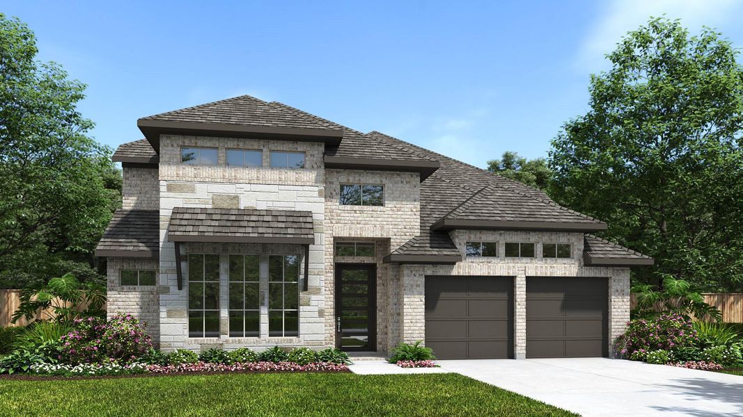 Front exterior of a new home in Elyson, Katy, TX, highlighting curb appeal (Image 1). Front exterior of a new home in Elyson, Katy, TX, highlighting curb appeal (Image 1).