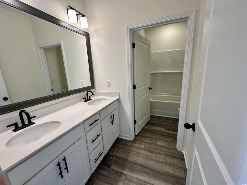 Full bathroom with double vanity and dark wood-style floors Full bathroom with double vanity and dark wood-style floors
