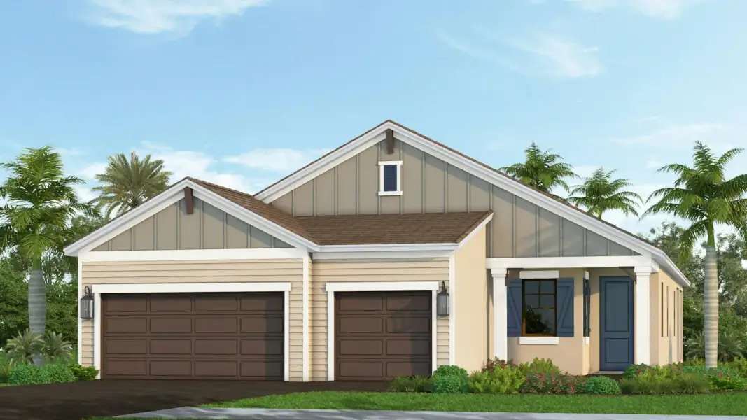 Front exterior of a new home in Grand Park Real Estate and Homes for Sale in Sarasota, FL - Neal Communities, Sarasota, FL, highlighting curb appeal (Image 1). Front exterior of a new home in Grand Park Real Estate and Homes for Sale in Sarasota, FL - Neal Communities, Sarasota, FL, highlighting curb appeal (Image 1).