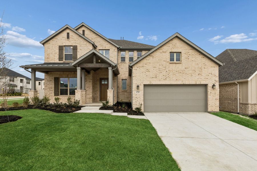 Front exterior of a new home in Painted Tree Lakeside, McKinney, TX, highlighting curb appeal (Image 1). Front exterior of a new home in Painted Tree Lakeside, McKinney, TX, highlighting curb appeal (Image 1).