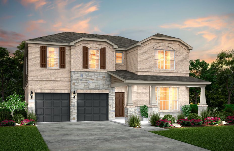 Front exterior of a new home in Lagos, Manor, TX, highlighting curb appeal (Image 1). Front exterior of a new home in Lagos, Manor, TX, highlighting curb appeal (Image 1).