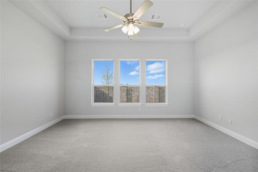 Empty room featuring a raised ceiling, light carpet, and a ceiling fan