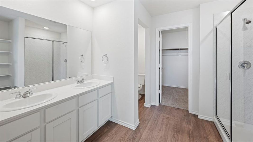 Bathroom featuring a spacious closet, double vanity, a stall shower, and dark wood-style floors Bathroom featuring a spacious closet, double vanity, a stall shower, and dark wood-style floors