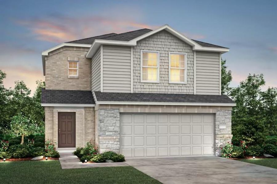 Front exterior of a new home in Mavera, Conroe, TX, highlighting curb appeal (Image 1).
