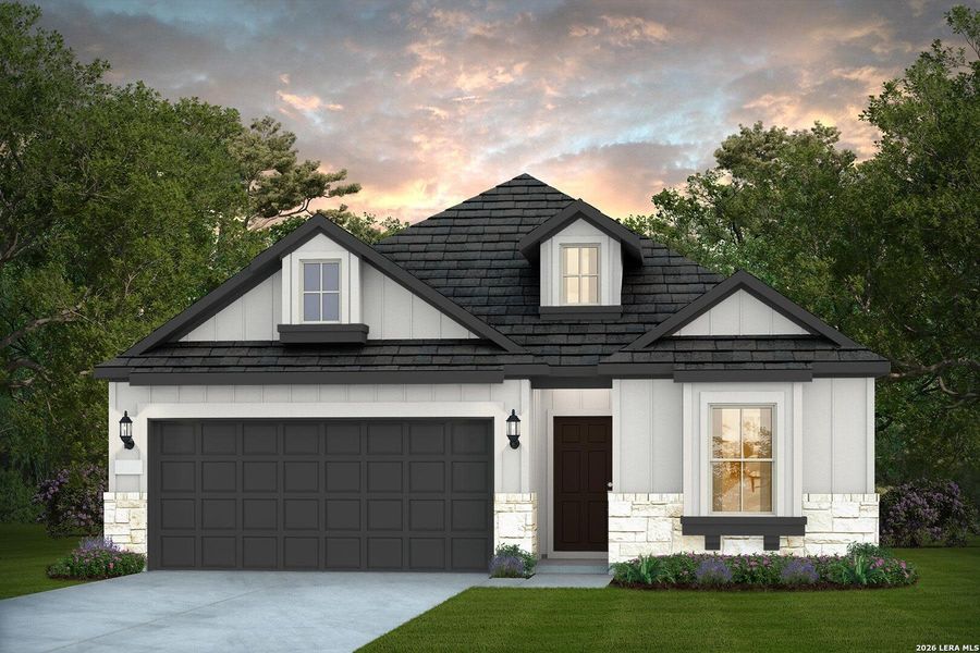 Front exterior of a new home in Horizon Ridge, San Antonio, TX, highlighting curb appeal (Image 1). Front exterior of a new home in Horizon Ridge, San Antonio, TX, highlighting curb appeal (Image 1).