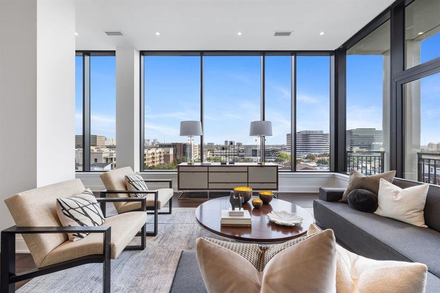 Penthouse 703 offers views spanning towards The Galleria to the west and across to the Houston Medical Center to South.  Window envelope the entire 7th floor home, highlighted by a 157 square foot balcony off the living room.