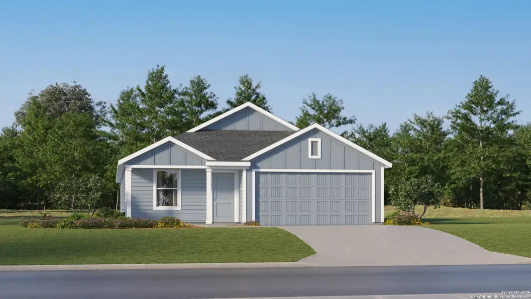 Front exterior of a new home in Voss Farms, New Braunfels, TX, highlighting curb appeal (Image 19).