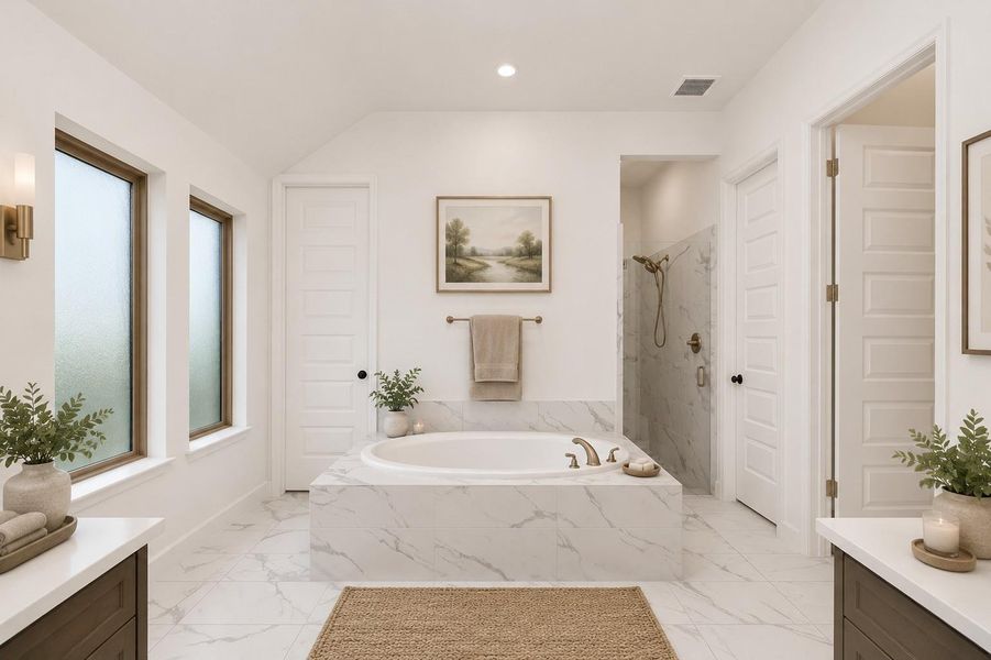 *VIRTUALLY STAGED* Primary Bathroom with huge tub, walk in shower, his/her closets