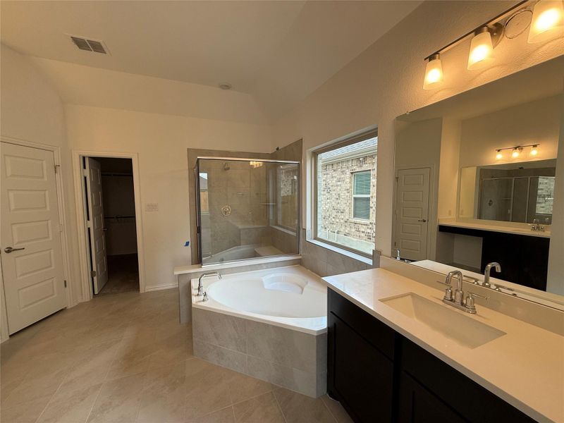 Full bathroom with a stall shower, a walk in closet, a garden tub, light tile patterned flooring, and vanity Full bathroom with a stall shower, a walk in closet, a garden tub, light tile patterned flooring, and vanity