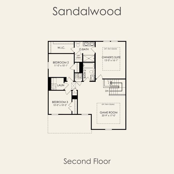 2D floor plan layout for the Sandalwood by Pulte Homes in Lagos, Manor, TX (Image 5).
