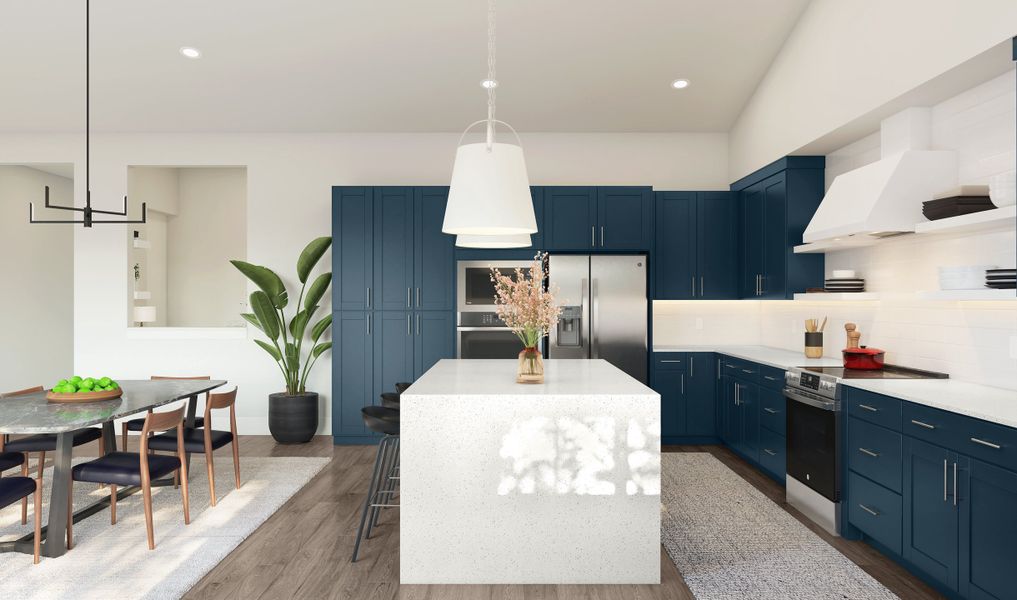 Kitchen with waterfall island with floating shelves