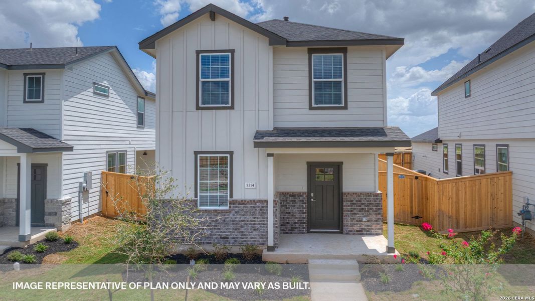 Front exterior of a new home in Mayfair, New Braunfels, TX, highlighting curb appeal (Image 1). Front exterior of a new home in Mayfair, New Braunfels, TX, highlighting curb appeal (Image 1).