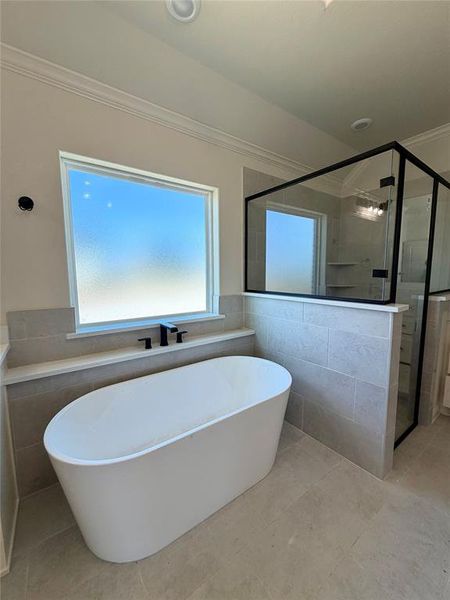 Full bathroom with a shower stall, a soaking tub, ornamental molding, tile walls, and wainscoting Full bathroom with a shower stall, a soaking tub, ornamental molding, tile walls, and wainscoting