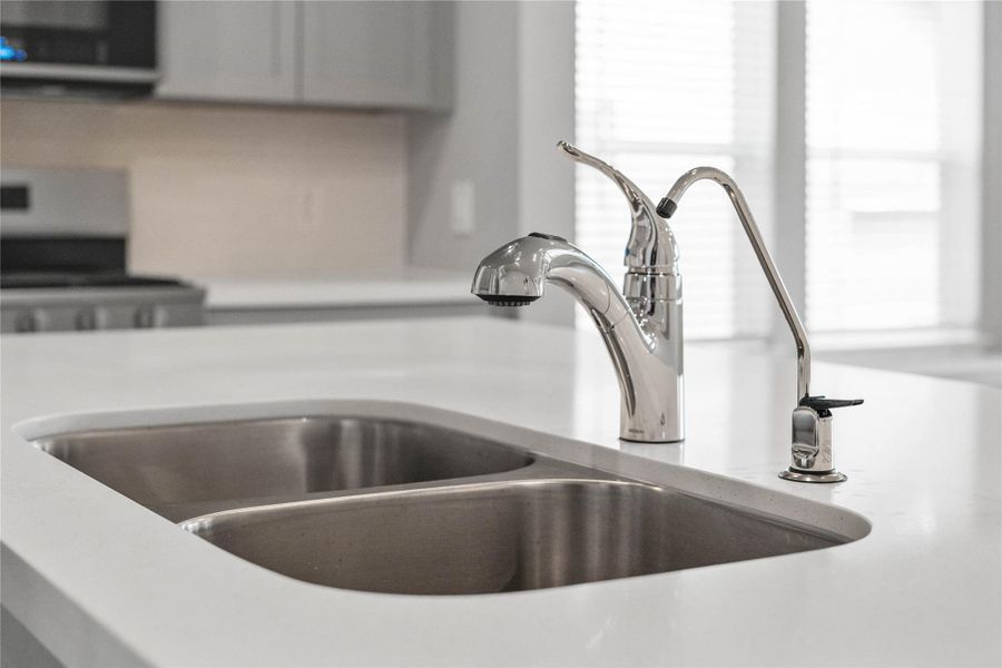 The kitchen features a stainless steel 50/50 undermount sink and a Moen Integra chrome kitchen faucet with DuPure water filtration system.