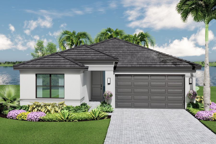 Front exterior of a new home in Valencia Parc at Riverland, Port St. Lucie, FL, highlighting curb appeal (Image 2).