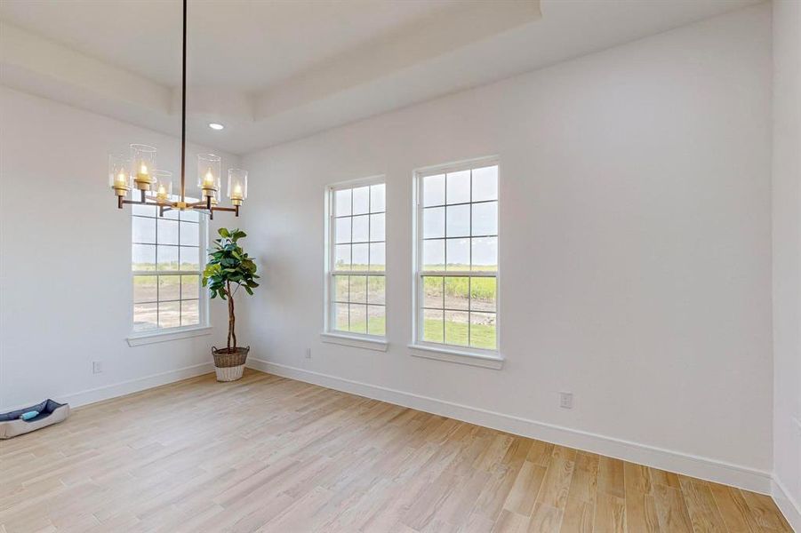 Unfurnished dining area with a raised ceiling, an inviting chandelier, a healthy amount of sunlight, and light wood-type flooring