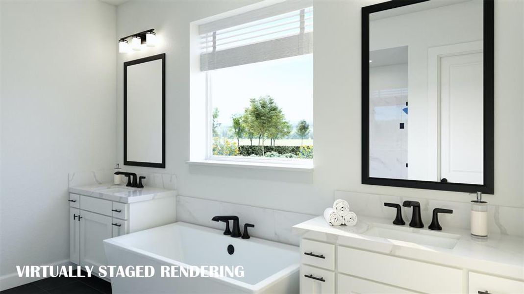 With his and her vanities, this owner's bath offers plenty of space for two.  VIRTUALLY STAGED RENDERING