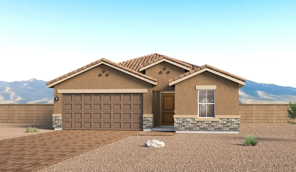 Front exterior of a new home in Entrada Del Toro at Rancho Sahuarita, Sahuarita, AZ, highlighting curb appeal (Image 1). Front exterior of a new home in Entrada Del Toro at Rancho Sahuarita, Sahuarita, AZ, highlighting curb appeal (Image 1).