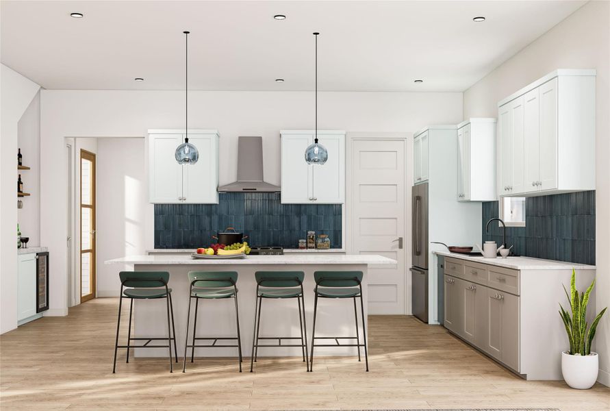 The thoughtfully designed ROCcreek kitchen blends modern style with everyday functionality, featuring designer finishes, abundant cabinetry, smart storage solutions, and an open-concept layout that flows effortlessly into the main living and dining areas. Perfect for entertaining or daily living, the kitchen offers a welcoming space at the heart of the home. Image shown is an artist’s rendering; final colors and selections may vary. Please see the New Home Consultant for details.