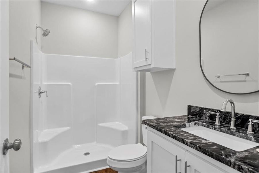 Bathroom featuring toilet, a shower, and vanity
