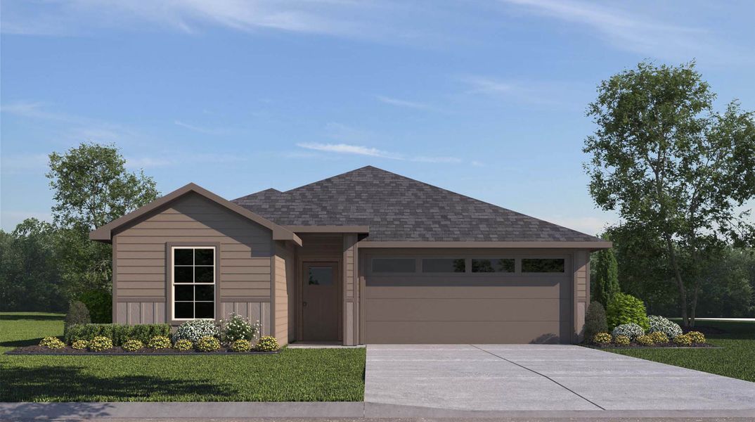 Front exterior of a new home in Saratoga Crossing, Corpus Christi, TX, highlighting curb appeal (Image 1).