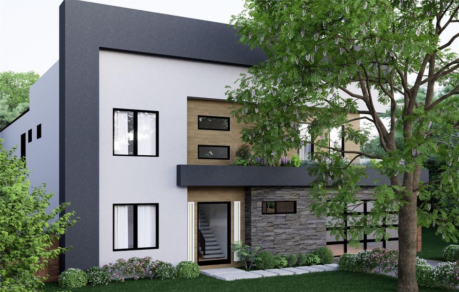 Sleek modern exterior with bold lines, stone detailing, and lush green landscaping.