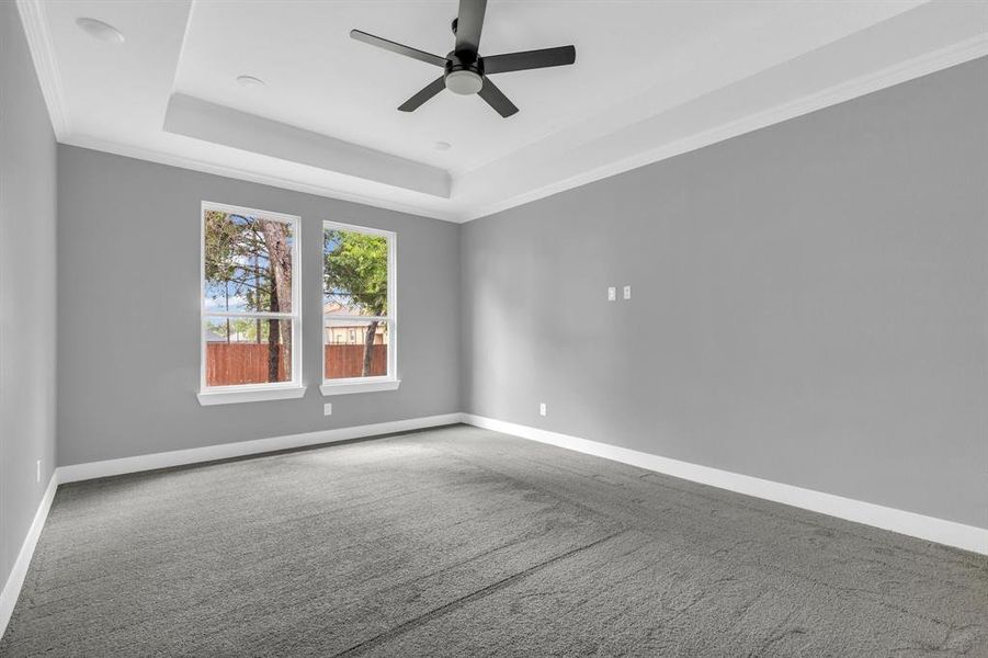 Empty room featuring crown molding, ceiling fan, carpet floors, and a raised ceiling