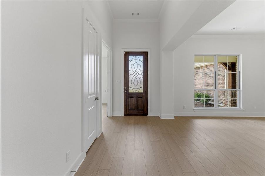 Entryway featuring a dark wood front door with decorative glass inlay, light wood-finish flooring, white baseboards, and bright white walls Entryway featuring a dark wood front door with decorative glass inlay, light wood-finish flooring, white baseboards, and bright white walls