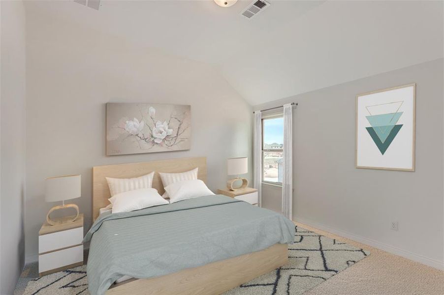 Virtually Staged Photo - Carpeted bedroom with vaulted ceiling