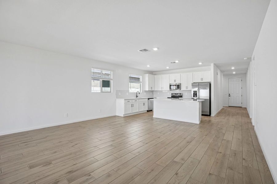 Great room, dining and kitchen