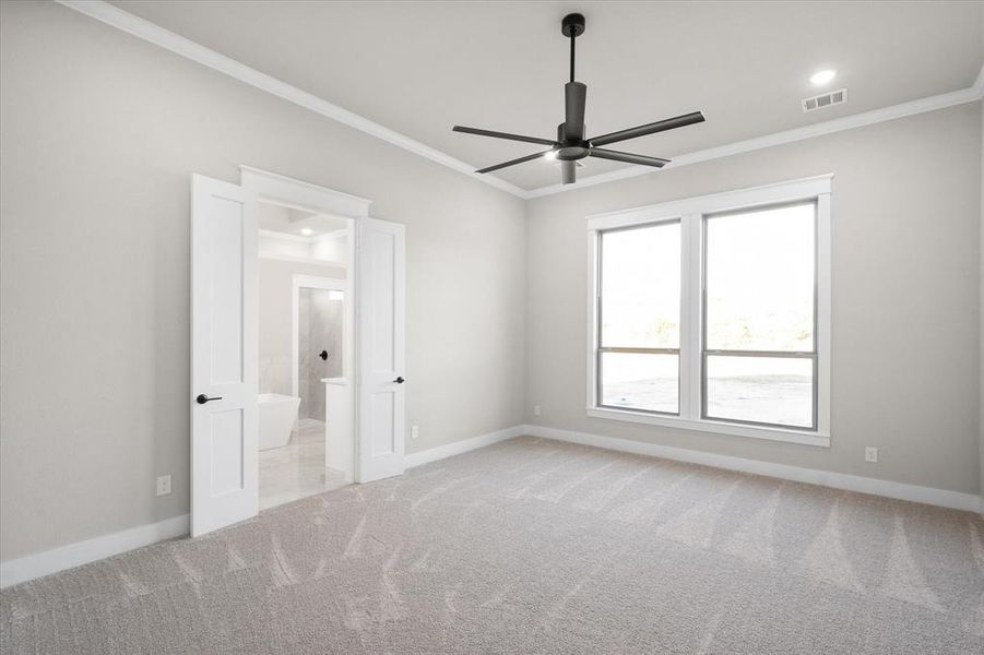 Carpeted spare room with ceiling fan and crown molding