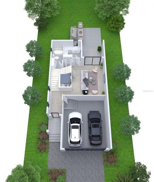Rendering of furnished 1st Floor Floorplan pre-construction Rendering of furnished 1st Floor Floorplan pre-construction