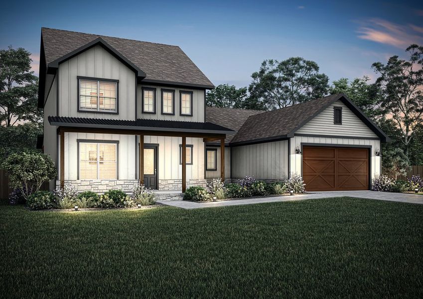 The Nichols dusk exterior elevation. The Nichols dusk exterior elevation.