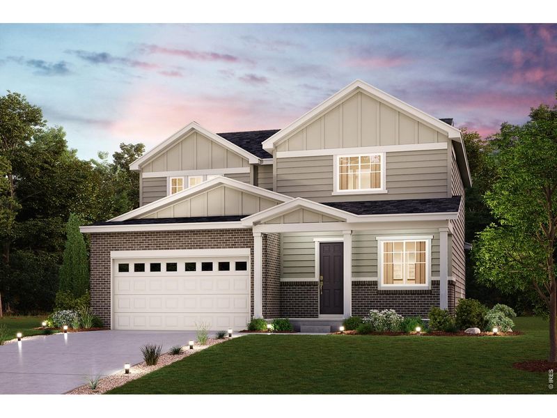 Front exterior of a new home in The Overlook at Johnstown Farms, Johnstown, CO, highlighting curb appeal (Image 1). Front exterior of a new home in The Overlook at Johnstown Farms, Johnstown, CO, highlighting curb appeal (Image 1).