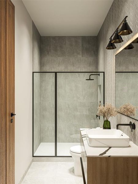 Contemporary bathroom featuring a walk-in shower with a black-framed glass enclosure, light gray tiled walls, and white hexagonal floor tiles
