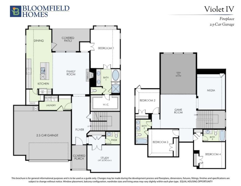 Bloomfield Homes Violet IV two-story floor plan with 4 bedrooms, game room, media room, and 2.5-car garage.